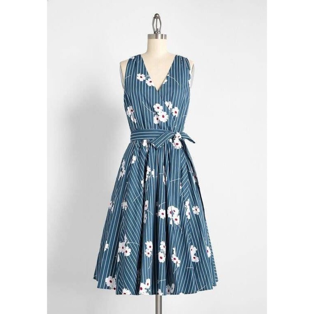 ModCloth Instant Energy Faux-Wrap Dress Teal Striped Floral Daisy Midi 12